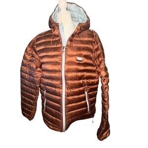 Felt Packable Duck Down Puffer Jacket, Hooded, Copper Brown, Unisex Large NWT